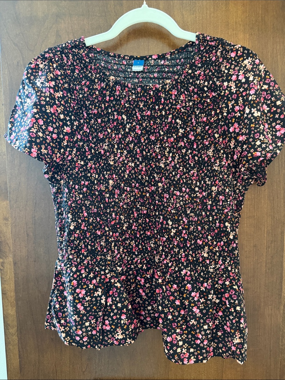 Old Navy Black Floral Smocked Peplum Top with Pink and Cream Flowers